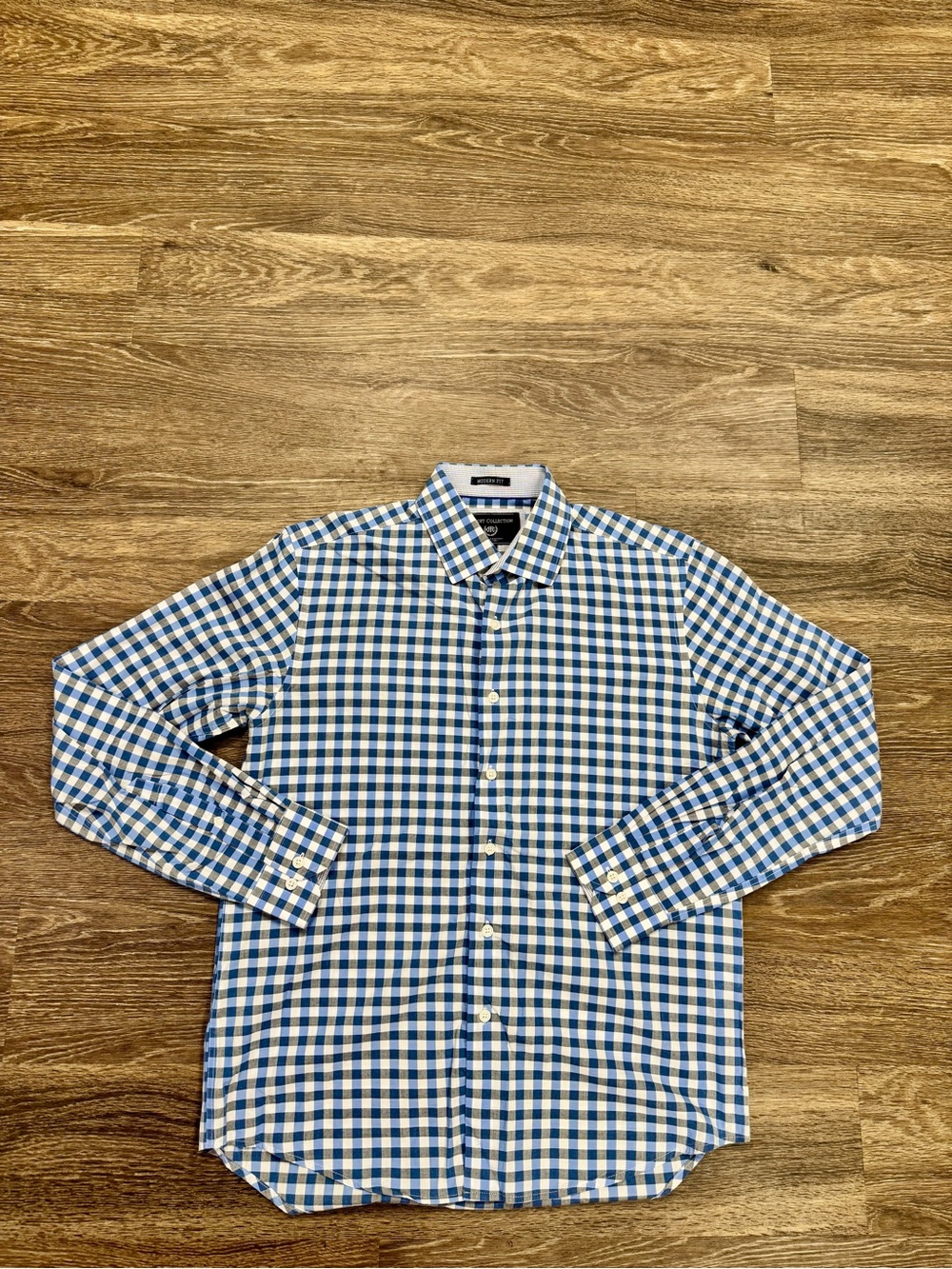 Report Collection Modern Fit Blue Gingham Check Dress Shirt Men's M 15.5 34/35